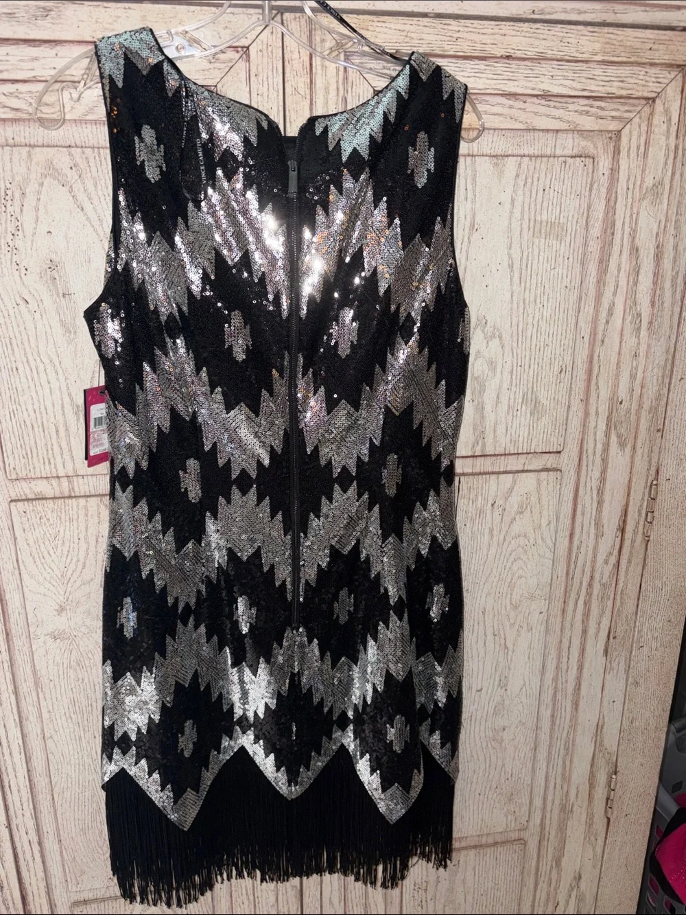 Vince Camuto Black and silver Sequin Cocktail dress with fringe bottom. NWT - Picture 5 of 8